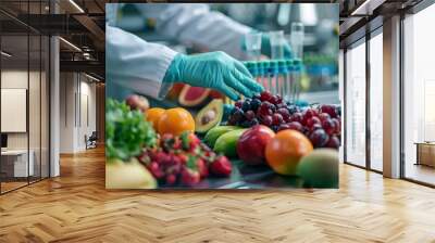 Scientist check chemical food residues in laboratory. Control experts inspect quality of fruits, vegetables. lab, hazards, ROHs, find prohibited substances, contaminate, Microscope, generate by AI Wall mural