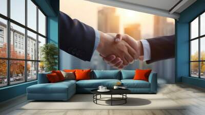 shaking hands and thank you handshake of a corporate worker in a office. Business deal, partnership and we are hiring gesture with a female hr manager ready for onboarding welcome with trust Wall mural