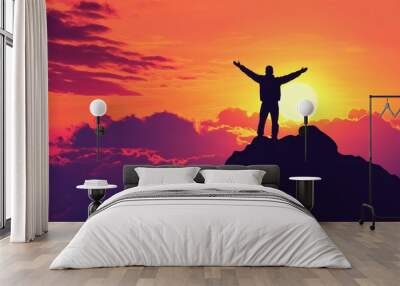 Silhouette of business male stand and feel happy on the most hight at the mountain on sunset, success, leader, teamwork, target, Aim, confident, achievement, goal, on plan, finish, generate by AI Wall mural