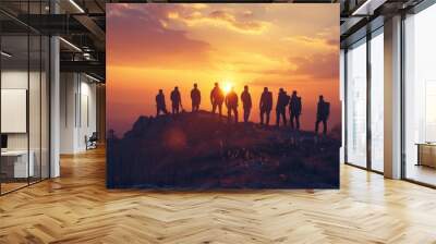 Silhouette of team stand and feel happy on the most hight at the mountain on sunset, success, leader, teamwork, target, Aim, confident, achievement, goal, on plan, finish, generate by AI. Wall mural