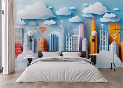 Social networking city and town with automation car on the world symbols moving from buildings to cloud using wifi. Vector illustration, penology, communication, generation, modern Wall mural