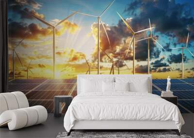 Solar cell in solar farm, Alternative energy and sustainable energy, photovoltaic, Pure energy renewable, clean energy, solar energy, reduce global warming, environment, green energy Wall mural