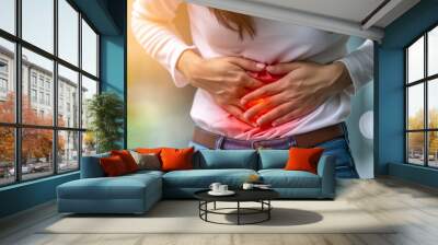 stomach ache. women have abdominal pain, indigestion, gastritis, menstrual cramps, flatulence, diarrhea, distention, colon cancer, belly inflammation problem, suffer food poisoning, abdomen Wall mural