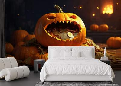 gold coins and halloween pumpkins Wall mural