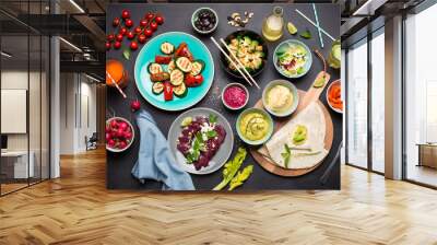 colorful vegetarian feast dinner table from above Wall mural