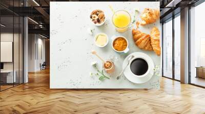 Continental breakfast on stone table from above - flat lay Wall mural