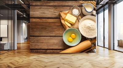 Dough recipe ingredients on vintage rural wood kitchen table Wall mural