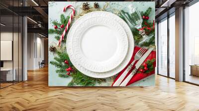 Elegant christmas table setting design (top view, flat lay) Wall mural