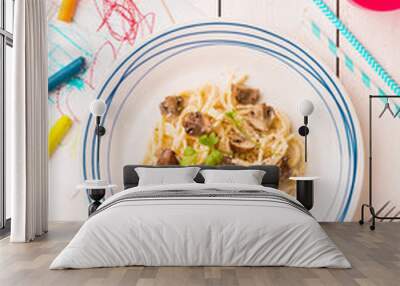 Kid's meal (dinner) - spaghetti with mushrooms Wall mural