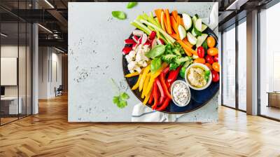 Mix of fresh, colorful, raw, sliced vegetables on the plate. Healthy lifestyle - vegan party snack. Wall mural