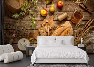 natural local food products on vintage wooden table - rustic composition captured from above. countr Wall mural