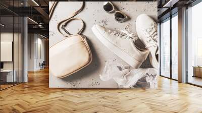 Spring fashion accessories for woman. White sneakers shoes, handbag and sunglasses. Wall mural