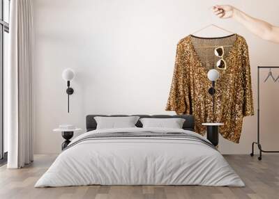 Women's clothing - gold glittery sequin party top (blouse) Wall mural