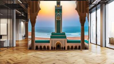 The Hassan II Mosque in Casablanca, one of the largest and most beautiful mosque in the world, sitting gracefully along the Atlantic coast, Morocco, South Africa Wall mural