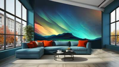 Early sunrise in the mountains abstract background illustration with colorful rainbow clouds and valley mist. Dark space for text. Generative AI. Wall mural