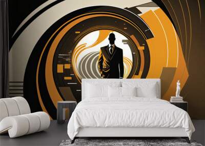 Silhouette of a businessman in a suit walking confidently toward us in the center of an abstract background. On target for success concept illustration. Generative AI. Wall mural