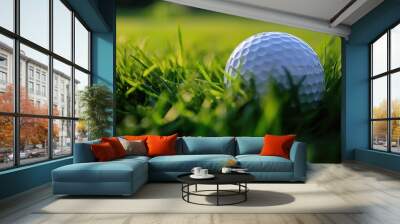 A close-up of a golf ball in the rough, with grass blades surrounding it, symbolizing a challenging shot Wall mural