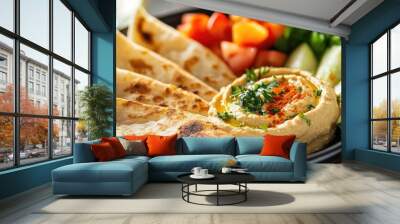 A close-up shot of pita bread pockets, arranged on a plate, accompanied by hummus and fresh vegetable slices Wall mural