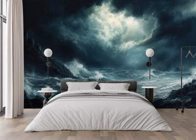 A dark thunderstorm over a rough sea, with waves crashing against the rocks Wall mural