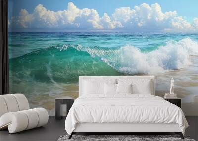 A gentle wave lapping against a tropical shoreline, with clear blue waters and bright skies. Wall mural