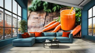 A glass of fresh carrot juice with a straw and whole carrots on a rustic table Wall mural