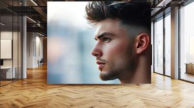 A man with a modern fade haircut looking away, showcasing the sharp lines and details of the style. Wall mural