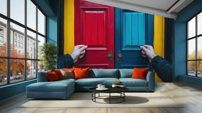 A person holding two different colored doors in each hand, representing the metaphor of making difficult life decisions between various options and paths to follow Wall mural