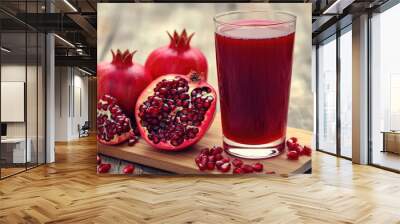 A pomegranate juice-filled glass placed next to a wooden board with halved pomegranates and scattered seeds, set against a soft, natural background Wall mural