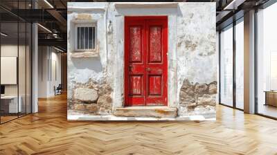 A red door with an intricate design, contrasting with the whitewashed walls of a vintage building. Wall mural