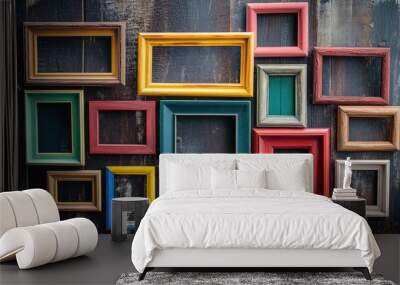 A set of wooden picture frames of various colors and sizes arranged creatively on a dark, wooden table surface Wall mural