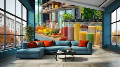 A smoothie bar setup with various colorful fruit juices and smoothies in a modern cafe environment. Wall mural