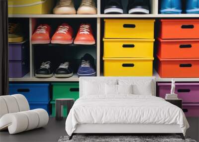 A stack of colorful shoeboxes on a shelf, each box labeled with different shoe sizes. Wall mural