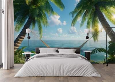 A tropical island with a hammock strung between two palm trees, overlooking a calm, inviting sea Wall mural