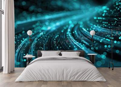 Abstract cyan streams of information over a dark, digital background Wall mural