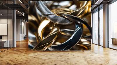 Abstract photo of silver and gold necklaces intertwined, illustrating the blending of different styles and materials Wall mural