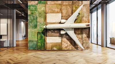 Aerial View of Airplane Over Agricultural Fields Wall mural