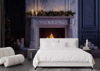 An elegant fireplace with a marble mantel, fire glowing warmly on a winter's night. Wall mural