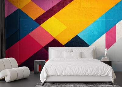 Bright geometric pattern featuring diagonal lines and vibrant color blocks, giving a dynamic and playful feel - Wall mural