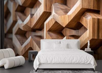 Close-up of a geometric wooden wall panel, showing detailed craftsmanship with interlocking shapes Wall mural