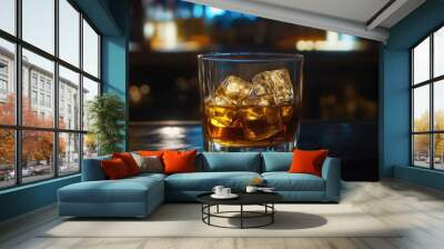 Close-up of a glass of scotch whiskey with ice cubes on a dark wooden bar Wall mural