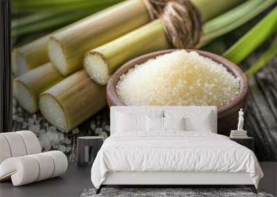 Close-up of raw sugarcane stalks with a bowl of granulated sugar beside them, highlighting the source and product Wall mural