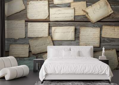 Collection of vintage letters, handwritten in calligraphy, spread across a worn wooden surface. Wall mural