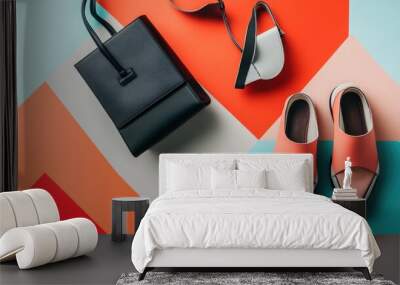 Contemporary fashion accessories like geometric handbags, minimalist shoes, and sleek eyewear on a simple background Wall mural