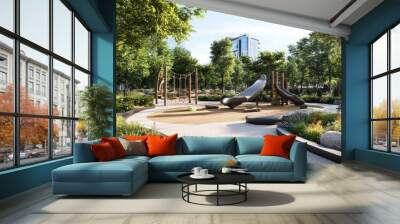 Contemporary park landscape with innovative play areas, eco-friendly features, and modern seating options Wall mural