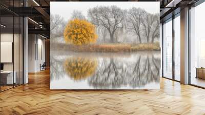 Dense layers of mist rising over a calm lake at sunrise, creating a serene and ethereal scene Wall mural