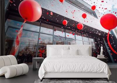 Grand opening celebration with red ribbons, balloons, and confetti in front of a new store. Wall mural