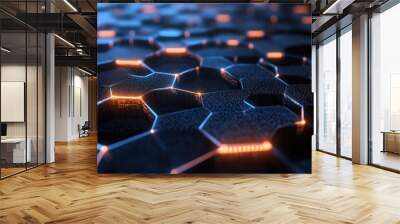 High-tech 3D background with hexagonal grid and digital data streams, advanced design Wall mural