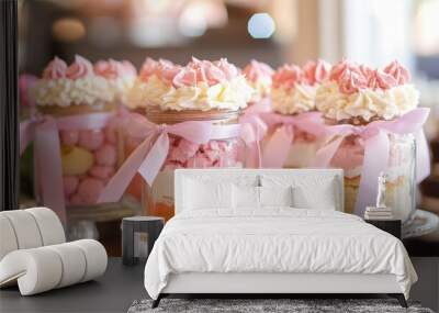 Mason jars filled with layered cake ingredients, tied with ribbons for a gifting display. Wall mural