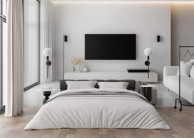 Minimalist white living room with a sleek TV unit, cozy sofa, and subtle decor elements for a calm ambiance. Wall mural