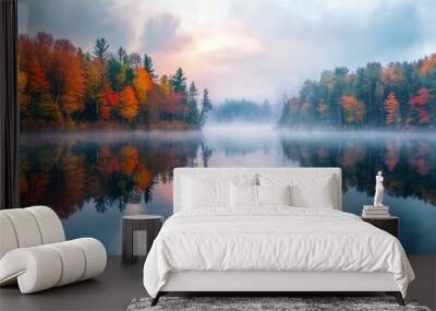 Moody autumn sky reflected in a calm lake, with a border of colorful trees and mist hanging in the air. Wall mural